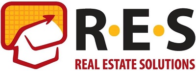 Logo for a Denver company called Real Estate Solutions. Large letters as acronym, then spelt out undernearth it. Next to it is a simple outline of a house.