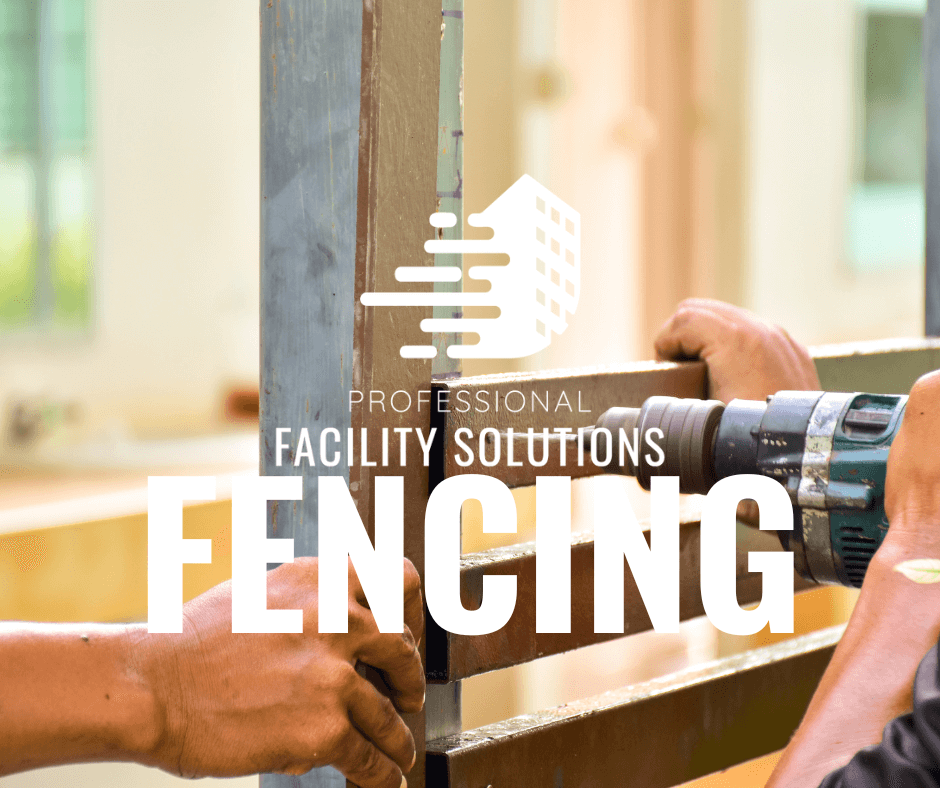 Image of hands drilling into a fence post, making fence repairs. Big letters say FENCING.