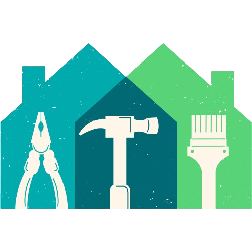 Graphic image showing an outline of two homes overlapping. It creates 3 sections. The first home shoes an image of pliers, the second home shows an image of a hammer, and the third home shows an image of a paint brush. These represent handyman services.