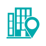 This is a monochrome dark teal icon of an apartment building with a location marker in front of it.