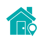 This is a monochrome dark teal icon of a house with a location marker in front of it.