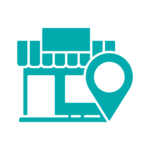 This is a monochrome dark teal icon of a store with a location marker in front of it.