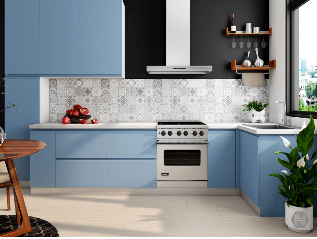 Image of a cute modern kitchen. Cabinets are a light blue, there is a tile backsplash with a Spanish type design, stainless steel appliances. Everything looks upgraded but not fancy.