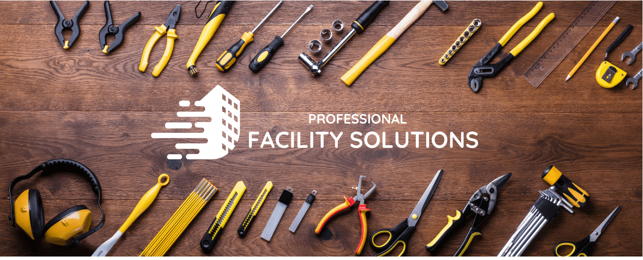 Image shows a wooden table as a background and on top rests all types of tools. In the middle of the tools is the company logo for Professional Facility Solutions.