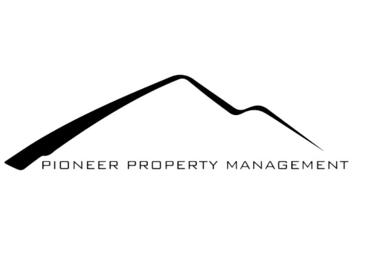 Logo for a Denver property management company called Pioneer Property Management. Image is a very basic outline of a mountain with the company name beneath.