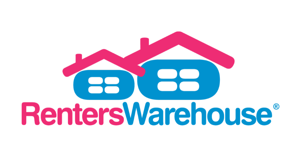 Logo for a Denver property management company called Renters Warehouse. It shows a graphic in blue and red of a small house next to a bigger house.